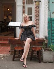 Black Polka Dot Off-Shoulder Puff Sleeve A-Line Mini Dress
