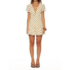 Short Sleeve Polka Dot Bow-Tied V-Neck Mini Dress
