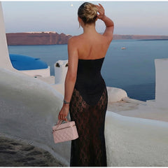 Black Lace Sheer Patchwork Tube Bodysuit Maxi Dress