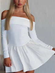 Off-Shoulder Long Sleeve Solid Ruffled Mini Dress