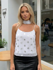 Polka Dot Camisole Mesh Backless Tank Top With Scarf