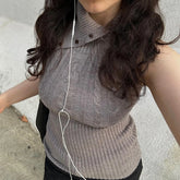 Knit Turtleneck Buttoned Tank Top With Removable Sleeve