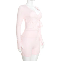 Long Sleeve V Neck Tie-Up Top And Cycling Shorts Set