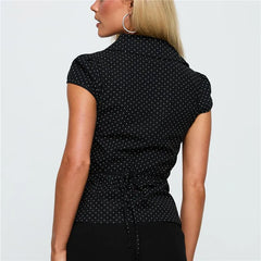 Collar Buttoned Polka Dot Print Puff Sleeve Top