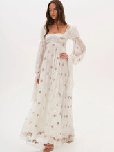 White Floral Square Neck Long Puff Sleeve Maxi Dress