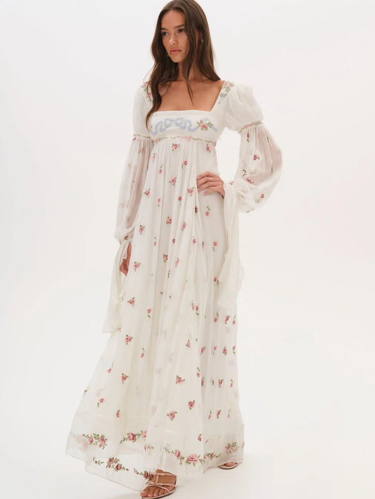 White Floral Square Neck Long Puff Sleeve Maxi Dress