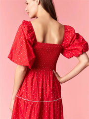 Red Polka Dot Square Neck Puff Sleeve Bow Smocked Midi Dress