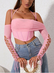 Pink Off Shoulder Lace Up Long Sleeve Corset Crop Top
