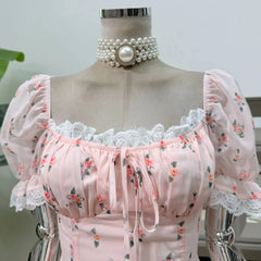 Floral Puff Sleeve Square Collar Mini Dress
