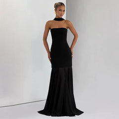 Steapless Mesh Patchwork Maxi Dress With Scarf