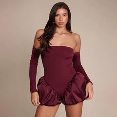 Off-Shoulder Satin Balloon Hem Romper