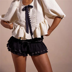 Layered Ribbon Decor Ruched Shorts