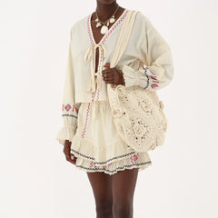 Long Sleeve Embroidered Tie Front Top And Mini Skirt Set