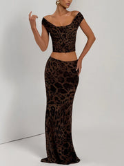 Leopard Print Off Shoulder Crop Top And Maxi Skirt Set