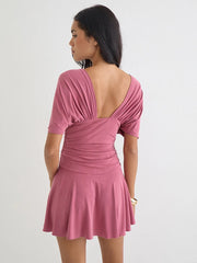 Deep V-neck Short Sleeve Solid Ruched Mini Dress