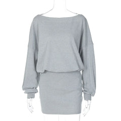Off Shoulder Long Sleeve Solid Short Dress