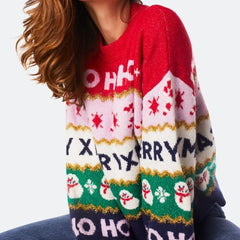 Colorful sweater with festive design and text on a white background