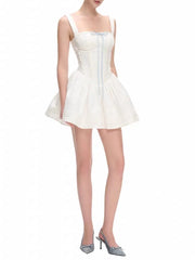 White Square Collar Sleeveless Bow Corset Puffy Short Dress