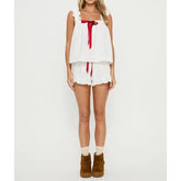 Bow Ruffle Trim Square Neck Shirt And Shorts Pajama Set