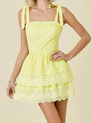 Lace Eyelet Layered Tie Up Mini Dress