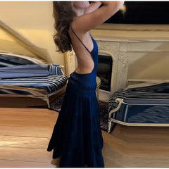 Blue Velvet Ruffles Backless Long Dress