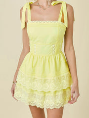 Lace Eyelet Layered Tie Up Mini Dress