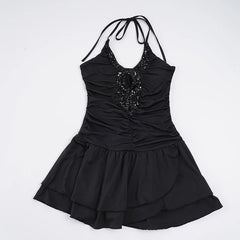 Black Sequin Patchwork Halter Frill Mini Dress