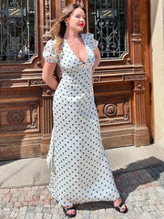 White Satin V-neck Polka Dot Maxi Dress