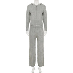 Grey Knitted Zipper Hooded Jacket And Wide Leg Pants Set