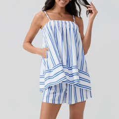 Blue Striped Cami Babydoll Top And Shorts Set
