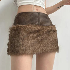 Brown Faux Fur Crop Coat With Patchwork Mini Skirt