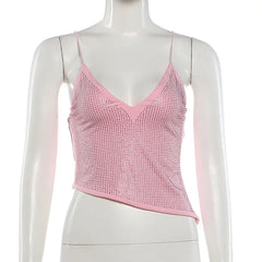 Rhinestone Cami Deep V Neck Asymmetric Crop Top