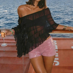 Ruffle Layered Sheer Poncho Cover-up Top