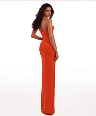 Strapless Rose Corset Pleated Asymmetrical Split Maxi Dress