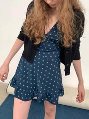 Navy Floral Print V Neck Puff Sleeve Mini Dress