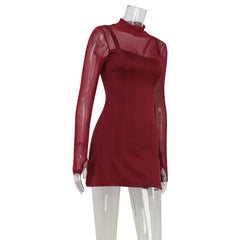 Red Mesh Patchwork Long Sleeve Turtleneck Short Dress