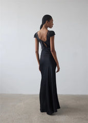 Lace Trim Short Sleeve Satin Maxi Dress