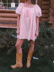 Plaid Bodydoll Puff Sleeve Mini Dress