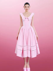 Plaid Collar Back Tie Up Midi Dress