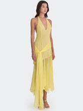 Sheer Halter V Neck Ruffle Pleated Hem  Maxi Dress