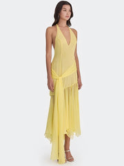 Sheer Halter V Neck Ruffle Pleated Hem Maxi Dress