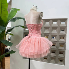 Mesh Fishbone Strapless Lace Up Mini Dress
