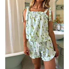 Floral Print Tie-Up Straps Ruffled Cami Top And Drawstring Shorts Set