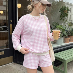 Gingham Long Sleeve Crew Neck Sweatshirt And Drawstring Shorts Set