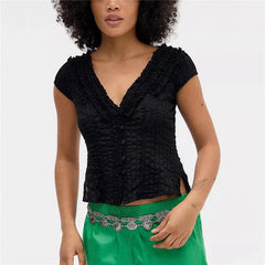 Ruffle V-Neck Short Sleeve Stripes Print Blouse