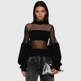 Black Mesh Patchwork Long Sleeve Turtleneck Top