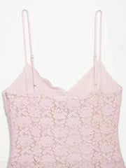 Pink Patchwork Pattern Lace Spaghetti Strap Mini Dress