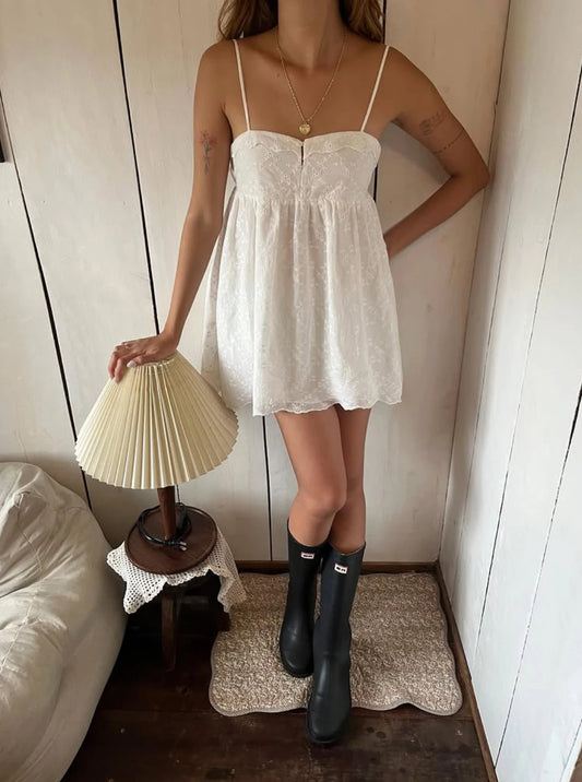 White Sleeveless Back Tie Babydoll Mini Dress