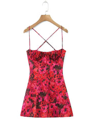 Red Floral Print Bustier Strappy Mini Dress