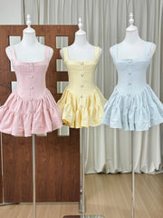Straps Square Neck Buttons Mini Dress